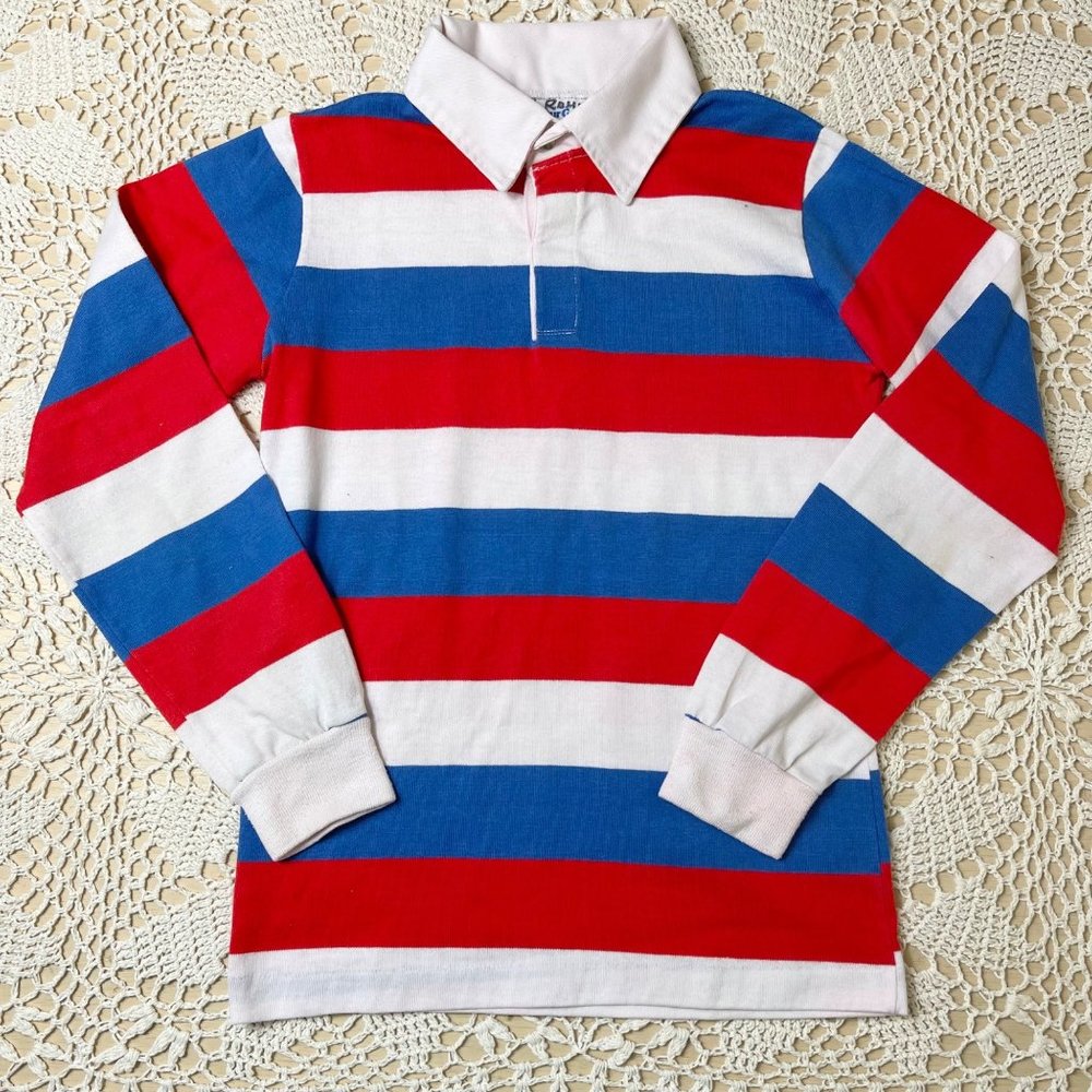 Vintage 1980s Our Gang Healthtex Boys 14 Years Patriotic Striped Collared Shirt